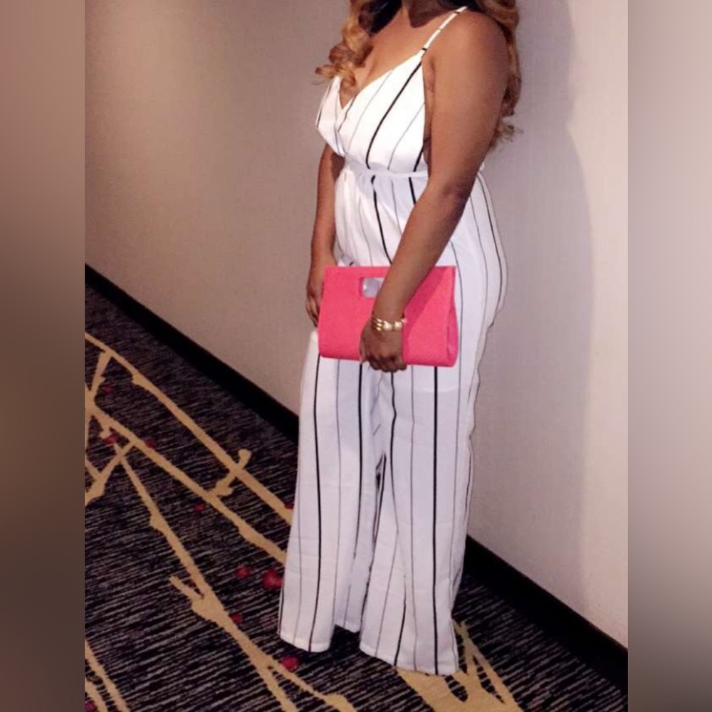 White/Black Striped Boohoo Jumpsuit